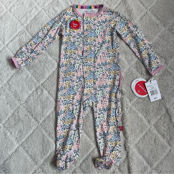 Magnetic Me | Pink and cream Floral Chelsea Footie Pajamas | Size 6-9 Months - Picture 2 of 7